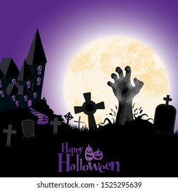 Spooky castle and zombie hand in front of full moon with scary illustrated elements for Halloween background layouts