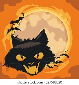 Spooky cat in classic halloween background with ghosts and bats flying around the moon