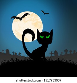 spooky cat in front of a full moon with grave stones and other scary illustrated elements for Halloween background layouts