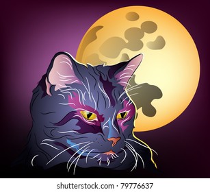 Spooky cat with a full moon in the background EPS10
