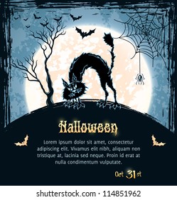 Spooky cat, full moon, bats, spider and web. Blue grungy halloween background. Vector Illustration.