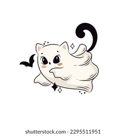 Spooky cat ghost illustration for Halloween party. Creepy icon or pin
