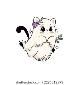 Spooky cat ghost illustration for Halloween party. Creepy icon or pin