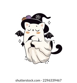 Spooky cat ghost illustration for Halloween party. Creepy icon or pin