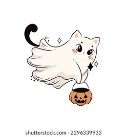 Spooky cat ghost illustration for Halloween party. Creepy icon or pin