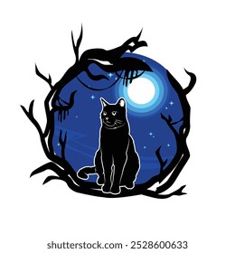 Spooky cat illustration in trees with full moon design