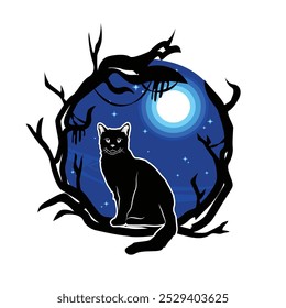 Ilustración de gato espeluznante en árboles con gráfico de luna llena