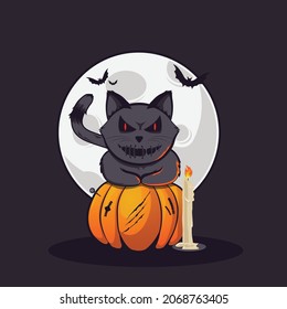 Spooky cat on pumpkin with scary facial expression with moon at the back and bats flying. Poster looks perfect for Halloween posts or any other horror related graphics. Can be printed as a sticker