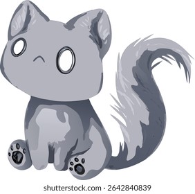 Um gato assustador senta-se calmamente, seu grande rabo macio enrolado, olhos brilhando com mistério