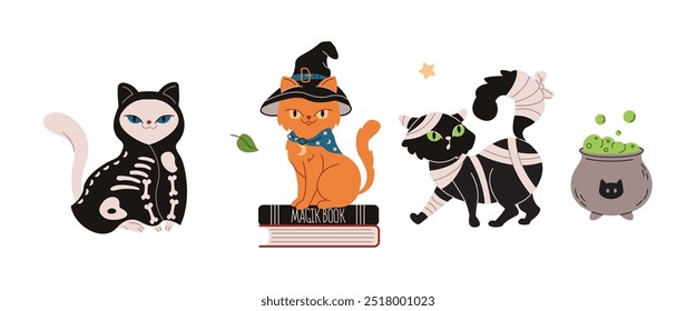 Gatos assustadores no conjunto de personagens de vetor plano de festa de Halloween