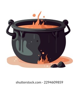 Spooky cauldron boiling with a fiery flame icon isolated