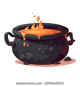 Spooky cauldron boils with fiery Halloween potion icon isolated