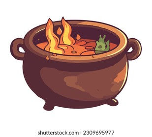 A spooky cauldron boils soup over a flame in October isolated