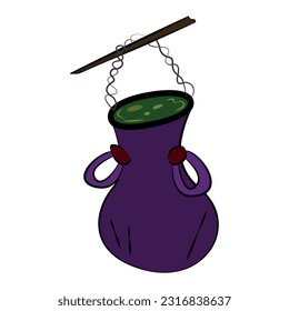 Spooky cauldron with magical poisonous witch's potion. Strange deformed object for Halloween party. Cartoon vector flat illustration isolated on white background. Stylized clipart for graphic design.