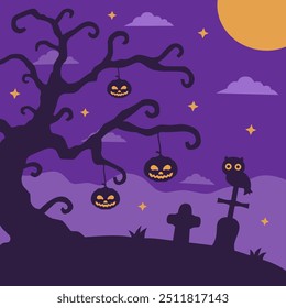 atmosfera de cemitério assustador, corujas e abóboras penduradas em árvores velhas.mão desenhado halloween celebração vetor ilustração