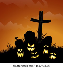 spooky cemetery with different grave stones and spooky faces and other scary illustrated elements for Halloween background layouts