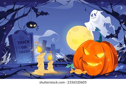 Spooky cemetery with full moon, tombstones and candles, ghosts and spiders, pumpkin light and candies. Vector flat trick or treat holiday celebration. Halloween party setting