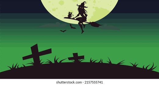 Spooky cemetery full of old grave with lot of crosses everywhere. Get ready for Halloween. Easy to edit vector illustration of Halloween background witch flying on broomstick. Guarded by bats