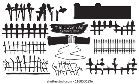 Spooky Cemetery Gate Silhouette Collection Of Halloween Vector Isolated On White Background. Scary, Haunted And Creepy Fence Element