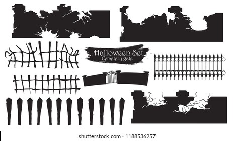 Spooky cemetery gate silhouette collection of Halloween vector isolated on white background. scary, haunted and creepy fencing element