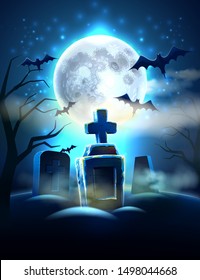 Spooky cemetery halloween background with realistic tombs, scary bat on full moon background. Horror graveyard in moonlight. Vector halloween party poster template.