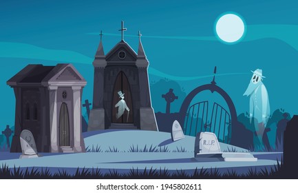 Spooky cemetery with old crypts gravestones and walking ghosts in moonlight cartoon vector illustration