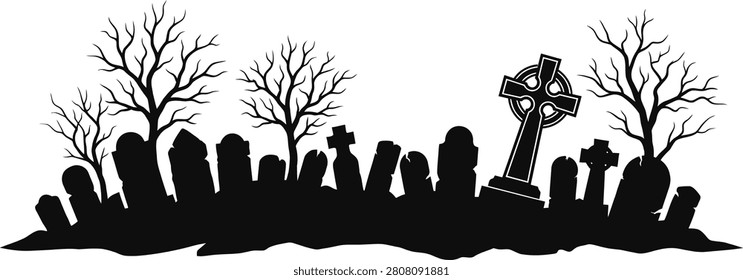 Spooky cemetery panorama silhouette with gothic gravestones celtic crosses and bare tree branches