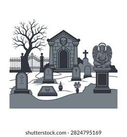 A spooky cemetery scene featuring old tombstones, a large mausoleum, a bare tree, and an iron fence. Perfect for Halloween designs, horror themes, and memorial concepts.