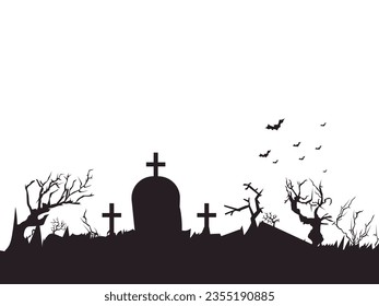 spooky cemetery silhouette with bats and trees, vector illustration