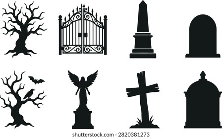 Spooky Cemetery Silhouettes Set Featuring Gravestones Spooky Trees Wrought Iron Gate Angel Statue Cross and Crypt Vectors