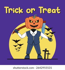 Spooky character with pumpkin head. Scary Jack o Lantern