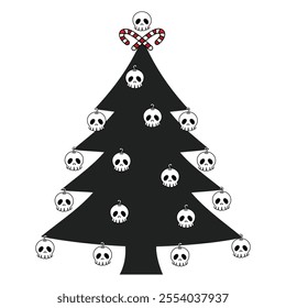 Spooky christmas tree with skulls. Merry Creepmas tree. Vector hand drawn elements.