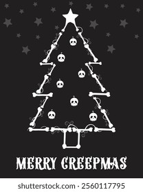 Spooky christmas tree with skulls. Merry Creepmas tree card. Vector hand drawn elements. Halloween Christmas.