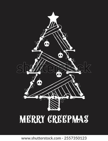 Spooky christmas tree with skulls. Merry Creepmas tree card. Vector hand drawn elements. Halloween Christmas.