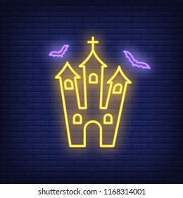 Spooky church neon sign. Luminous signboard with abandoned house. Night bright advertisement. Vector illustration in neon style for Halloween, horror, fear