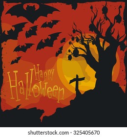 Spooky classical halloween scene  with a swarm of bats crossing the night sky in a terrifying graveyard.