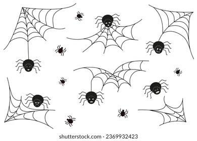 Spooky cobweb with spiders in the corner. Scary spider web as a symbol of Halloween. Collection of webs and spiders for Halloween holiday decoration. 