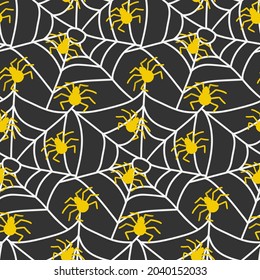 Spooky cobweb and yellow spiders seamless pattern isolated vector illustration. Spiderweb background. Halloween endless repeated print.