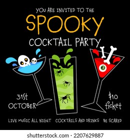 Spooky cocktail party invitation for Halloween celebration on October 31. Spooky blue, yellow and red drinks with skull, bones, eye and spiders inside glasses. Vector illustration in flat style.