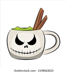 Spooky coffee mug with grinning face. Vector illustration.