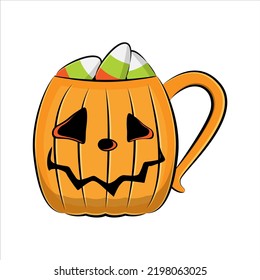 Spooky coffee mug with grinning face. Vector illustration.