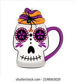 Spooky coffee mug with grinning face. Vector illustration.