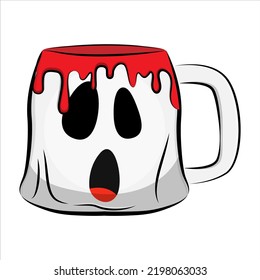 Spooky coffee mug with grinning face. Vector illustration.