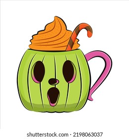 Spooky coffee mug with grinning face. Vector illustration.