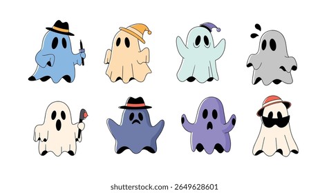 A spooky collection of eight adorable cartoon ghosts each featuring a unique hat and expression for a festive halloween theme