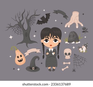 Spooky collection Halloween. Gothic witch girl with braids, pumpkin jack, skull, bones, scary tree, hand thing, witch hat, bat, cobwebs and grave. Isolated cartoon elements. Vector illustration