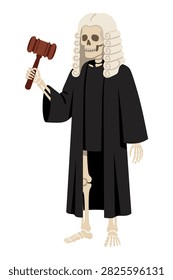 Spooky courtroom theme featuring skeletal magistrate character in traditional law uniform, justice system concept.