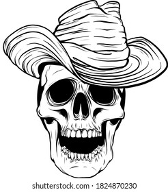 Spooky cowboy skull character with classic felt hat in cartoon style