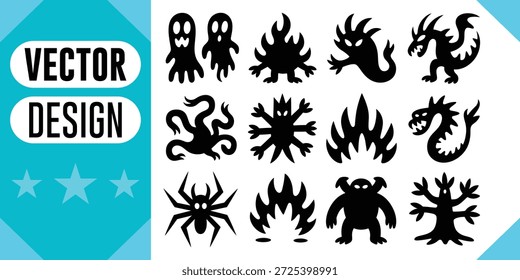Spooky creatures and abstract shapes vector design