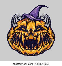 Spooky Creepy Halloween Pumpkin with hat illustrations for clothing line merchandise and poster publications